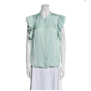 Zadig and Voltaire Tiza button up crew neck ruffle Satin Aqua blouse size Medium